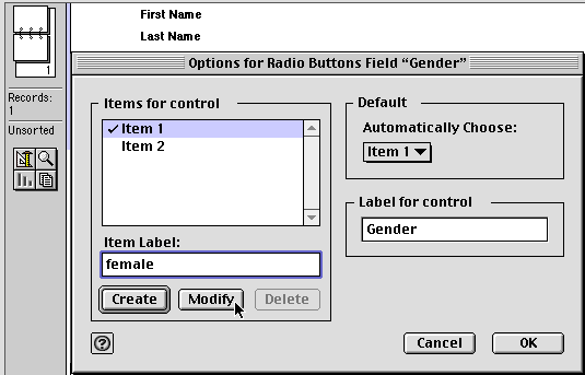 options for radio Buttons dialog box.