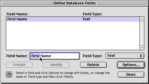 Define Database Fields Dialog box