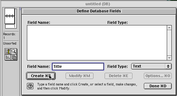 Define database fields dialog box