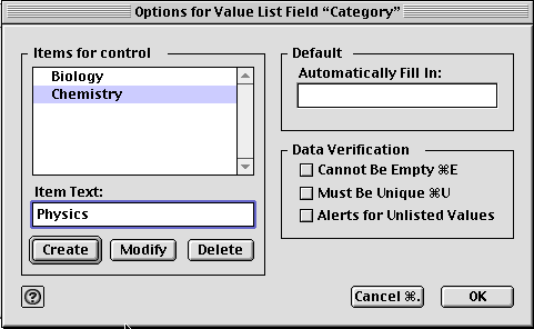 Value List options window