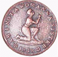 old coin that reads am I not a woman? 1838 shows woman in chains