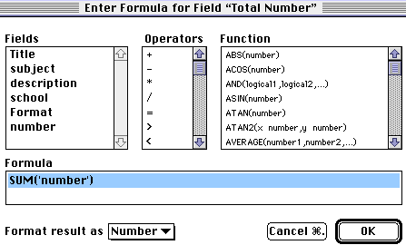 Formula dialog box in databse